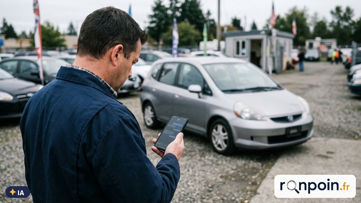 Vendeur de voiture d'occasion consultant un message suspect sur son smartphone — illustration générée par IA