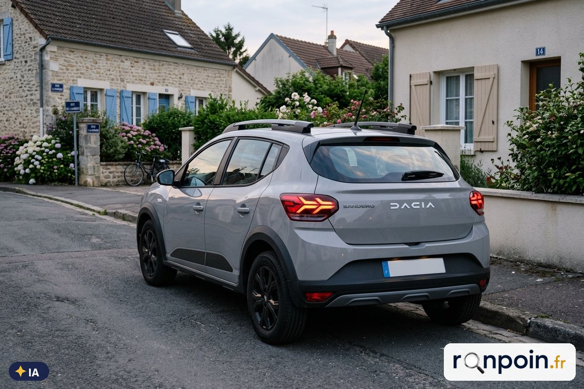 Dacia Sandero Stepway III grise de trois quarts arrière — illustration générée par IA