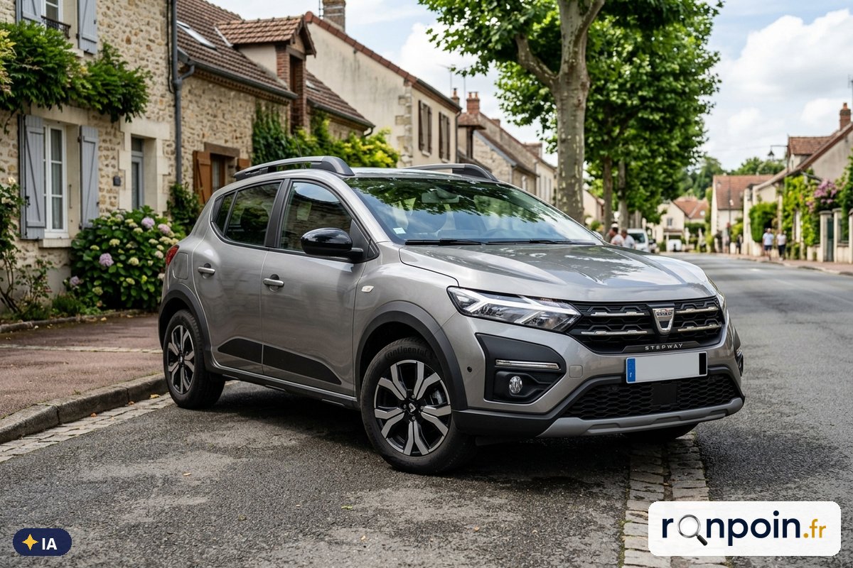 Image générée par intelligence artificielle Dacia Sandero Stepway III grise de trois quarts avant — illustration générée par IA