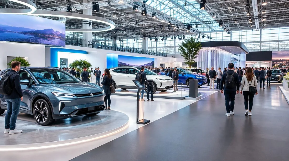 Hall d'exposition d'un grand salon automobile avec des voitures electriques et des visiteurs