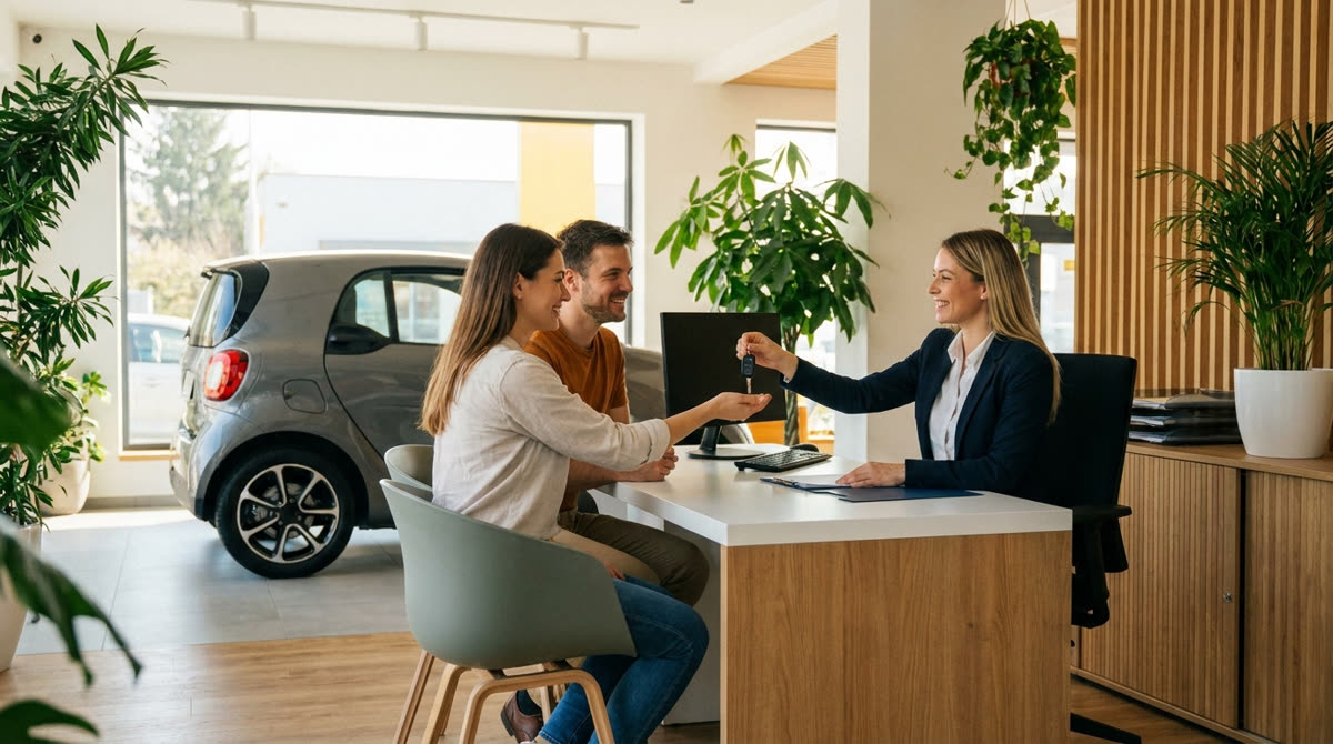 Remise de clés dans une agence de transactions automobiles, illustration du modèle TransakAuto